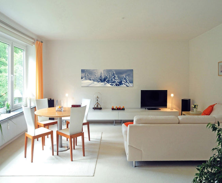 Paul Sinus Art Panoramabild auf Leinwand und Keilrahmen 150x50cm Winterlandschaft Bäume Schnee Wolke