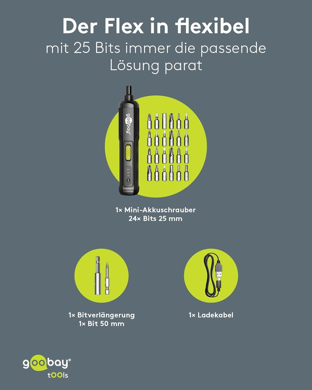 goobay Mini-Akkuschrauber-Set 28 teilig - 24 Bits, 1 Verlängerung, 1 Halterung und 1 Adapter aus Chr