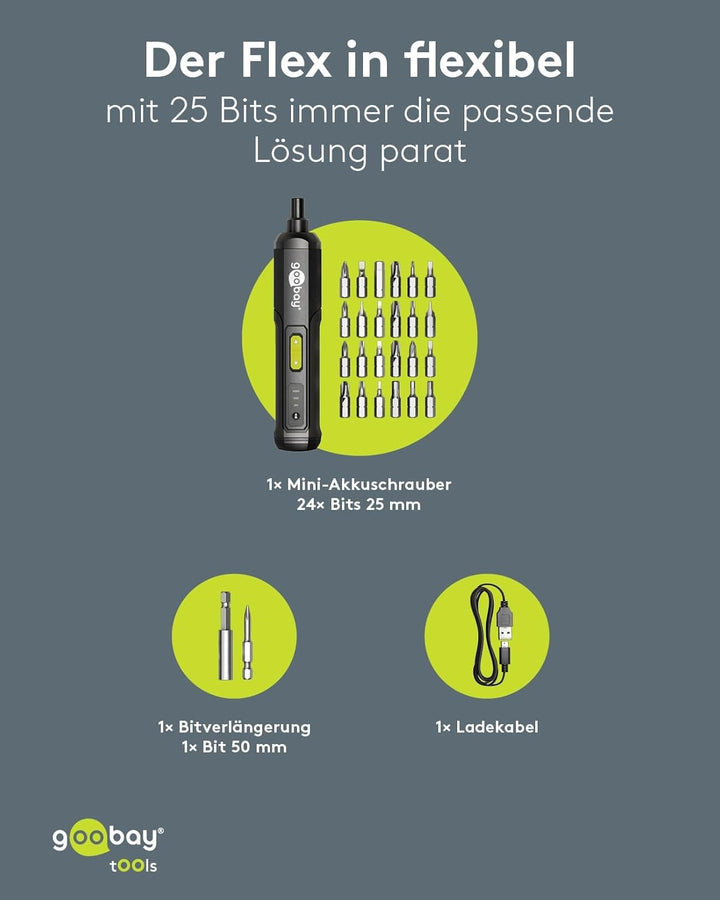 goobay Mini-Akkuschrauber-Set 28 teilig - 24 Bits, 1 Verlängerung, 1 Halterung und 1 Adapter aus Chr