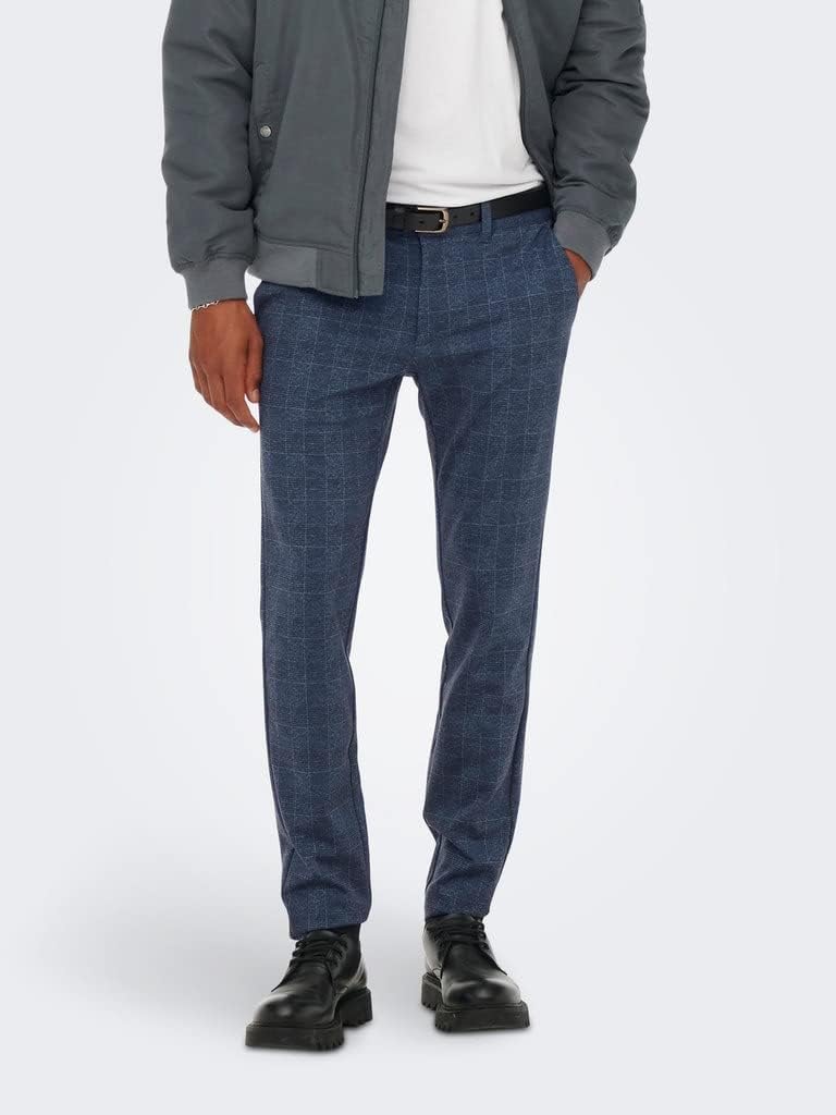 ONLY & SONS Male Chino Hose ONSMAKR Check Pants HY GW 9887 NOOS 30W / 34L Dress Blues 1, 30W / 34L D