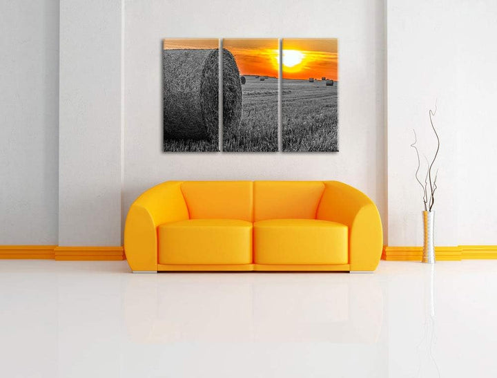 Strohballen auf Feld bei Sonnenuntergang schwarz/weiss 3-Teiler Leinwandbild 120x80 Bild auf Leinwan