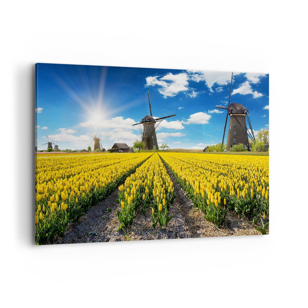 Bilder auf Leinwand 100x70cm Leinwandbild Tulpen Windmühle Wiese Landschaft Gross Wanddeko Bild Schl