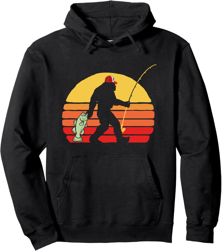 Bassquatch! Funny Bigfoot Fishing Outdoor Retro 80s Pullover Hoodie