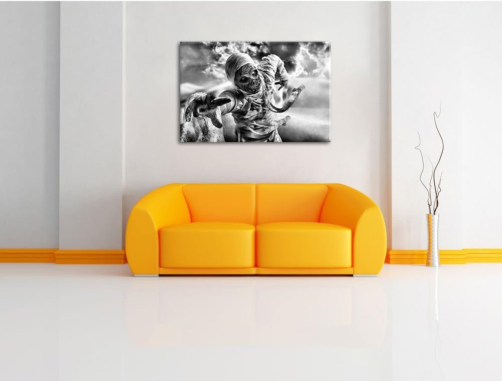Pixxprint Monocrome, Mumie greift an, Format: 100x70 auf Leinwand, riesige Bilder fertig gerahmt mit