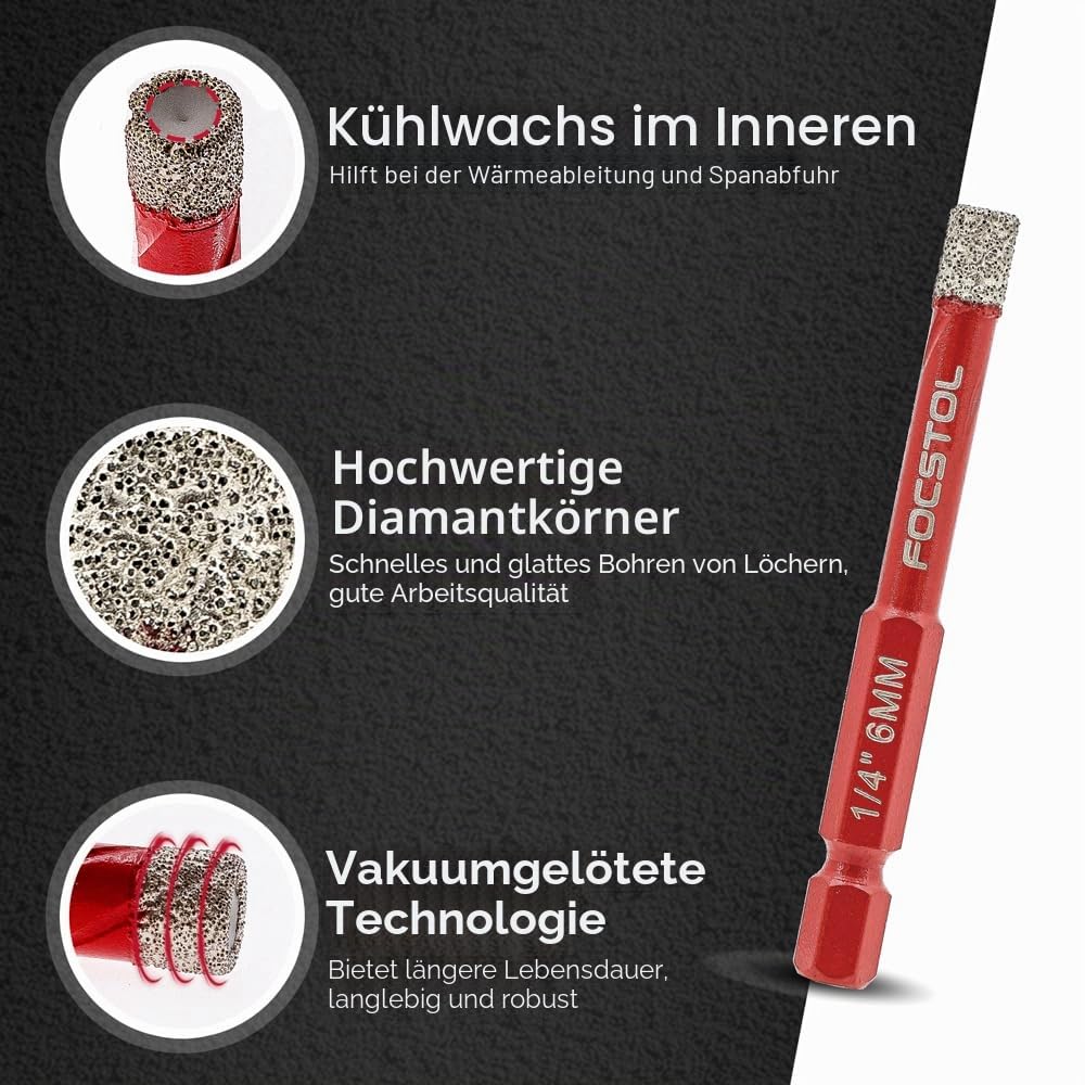FOCSTOL Diamant Fliesenbohrer 6/8/10/12mm mit Schnellwechsel-Sechskantschaft und 6mm Hartmetallbohre