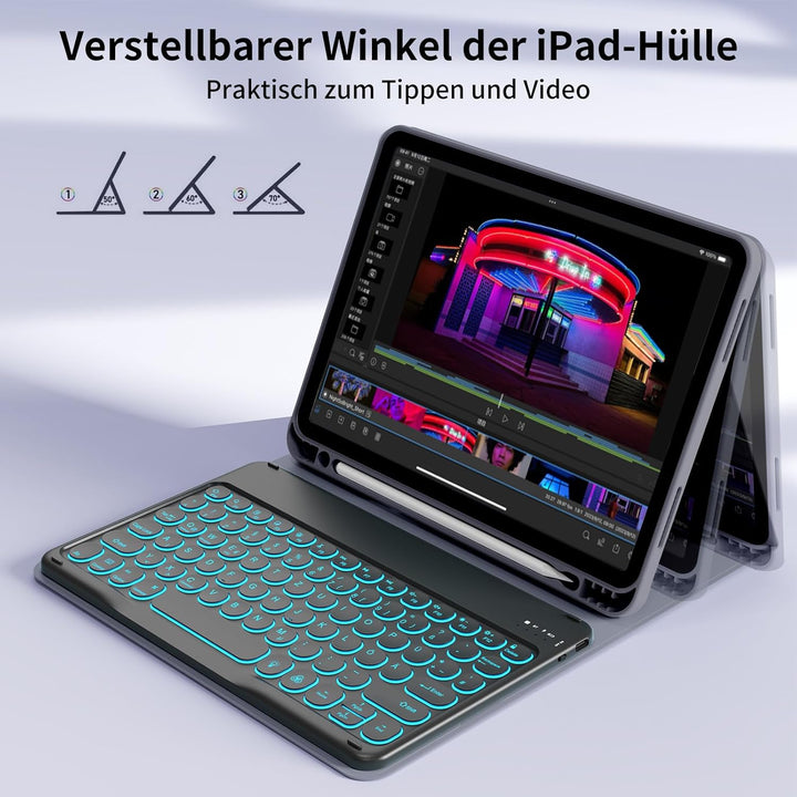 Hülle mit Tastatur Kompatibel mit iPad Air 6./ 5./ 4. Generation 11 Zoll M2/10,9 Zoll, 7 Farbige Bel