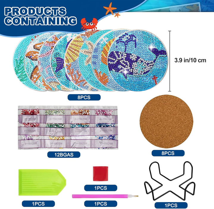 Diamond Painting Untersetzer 8er Set DIY Basteln Erwachsene mit Halter, 5D Diamond Painting Meer Tas