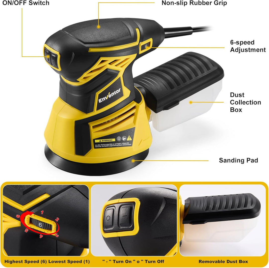 Enventor Exzenterschleifer 125mm, 350W Schleifmaschine 6000-13000 OPM, 6 Gänge, Multischleifer mit A