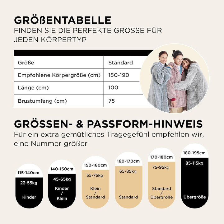 BEDSURE Hoodie Decke mit Ärmeln - Sherpa Deckenpullover mit Reissverschluss und Kapuze Grau, Tragbar