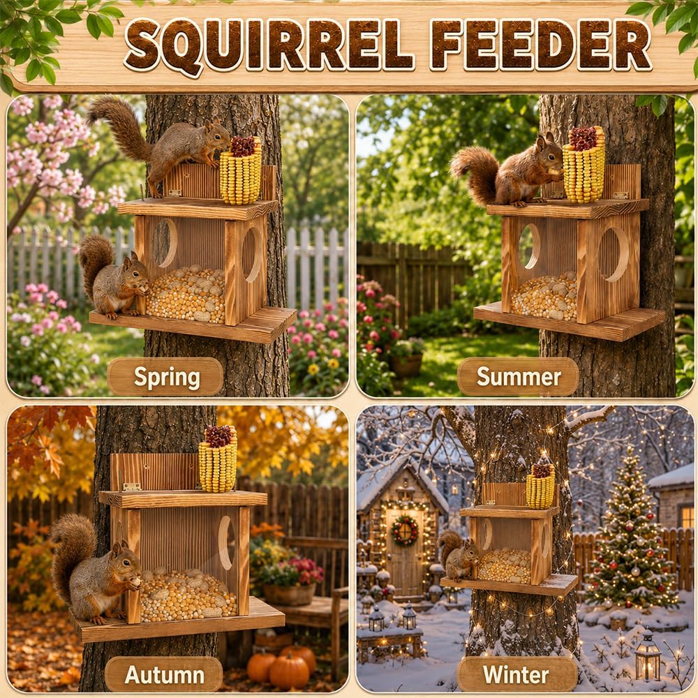 NAVESO Wooden Squirrel Feeder,Squirrel House Nesting Box for Nuts Corn, Peanuts,Squirrel Feeding Sta