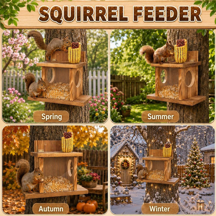 NAVESO Wooden Squirrel Feeder,Squirrel House Nesting Box for Nuts Corn, Peanuts,Squirrel Feeding Sta