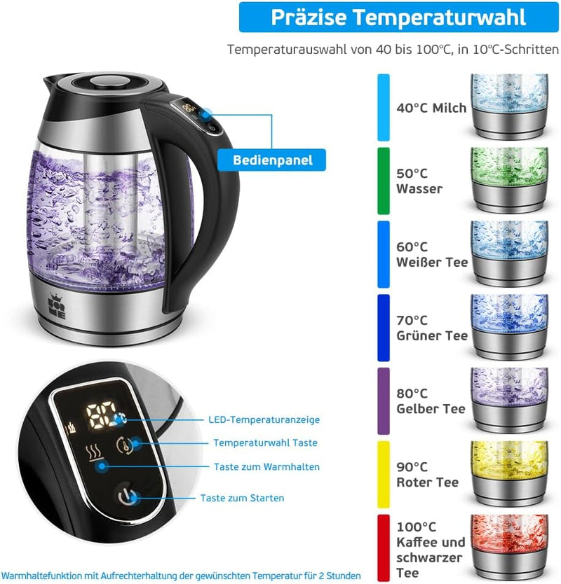 ForMe Glas Wasserkocher 1,8 Temperatureinstellung Temperaturwahl 40°C-100°C Farbwechsel LED I BPA FR