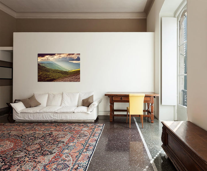 Paul Sinus Art 120x80cm - WANDBILD Landschaft Berge Wiesen Krim Wolken - Leinwandbild auf Keilrahmen