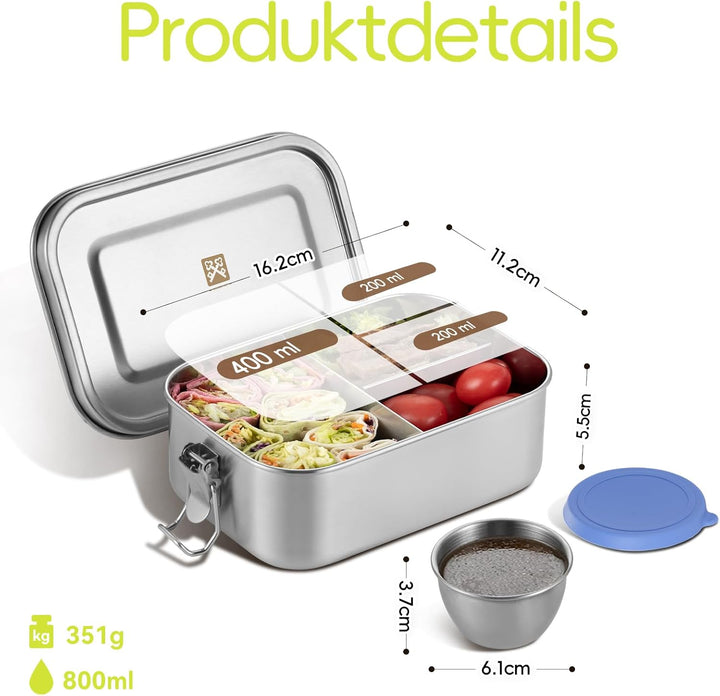 GOLDEN KEY Edelstahl Brotdose Kinder 800ml, Lunchbox Edelstahl mit Fächern Dichtung,Bento Box Edelst