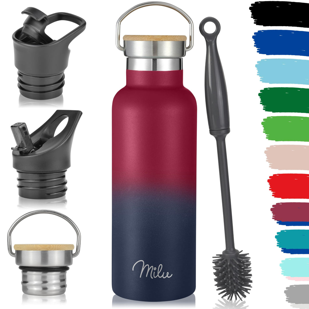 Milu Edelstahl Trinkflasche 500ml, 750ml, 1L (+3 Deckel) - Thermosflasche mit Strohhalm, Isolierte W