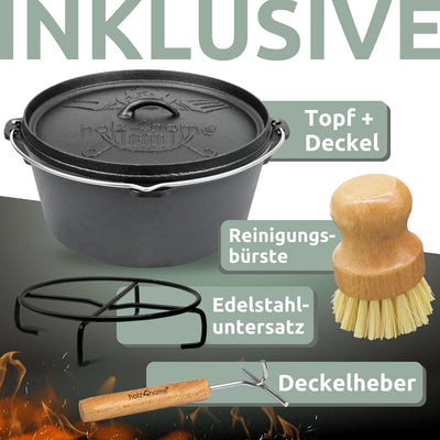 holz4home® Dutch Oven Set [12L, Ohne Füsse] I Eingebrannter Feuertopf Gusseisen I Schmortopf mit Dec