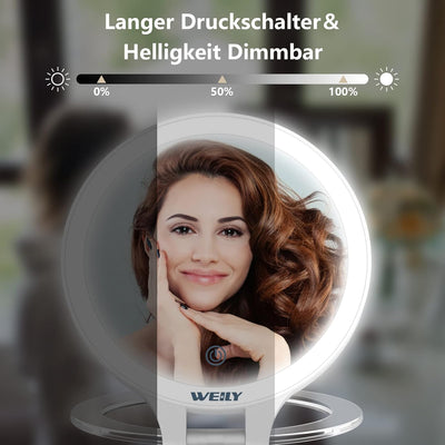 WEILY Schminkspiegel mit Beleuchtung, 10X/1X Vergrösserung Doppelseitiger Kosmetikspiegel mit 3 Farb