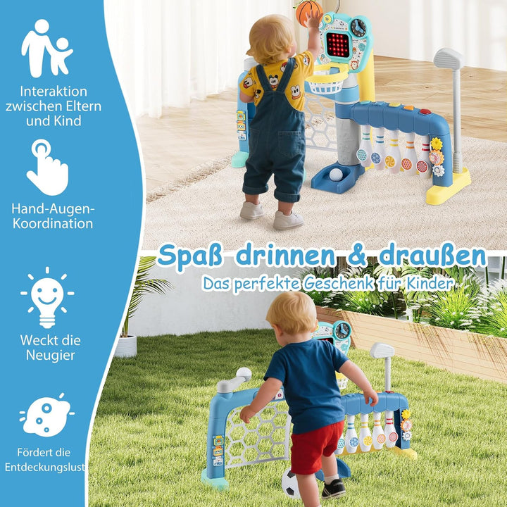 DREAMADE 5-in-1 Multiaktivitätszentrum mit Basketball, Fussball, Bowling, Baseball & Golf, höhenvers