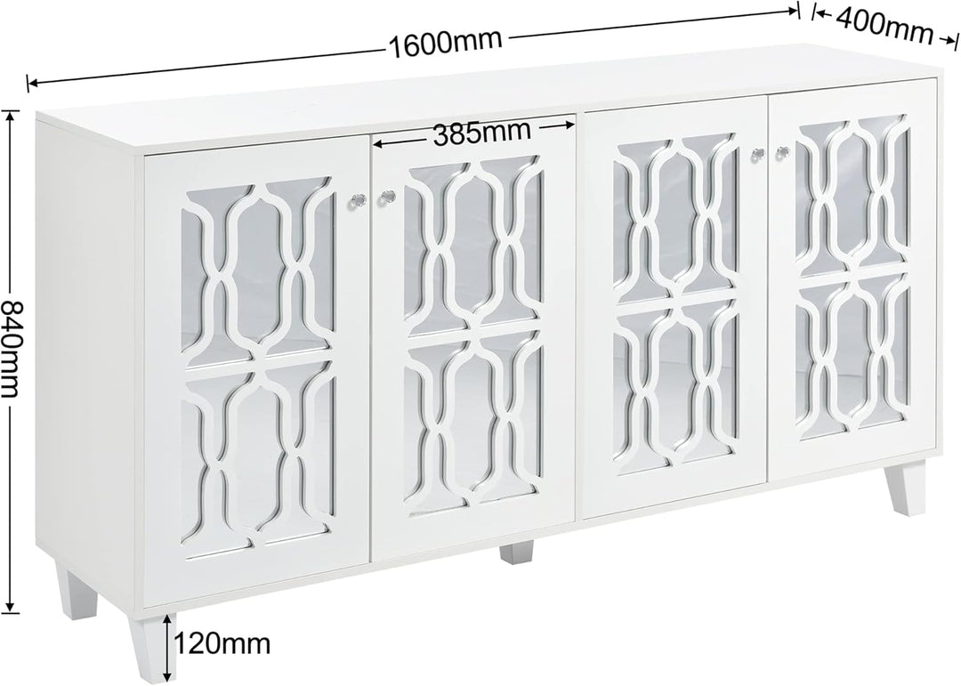 ModernLuxe - Weiss verspiegelte Sideboard mit Kristallgriffen, für Wohn- und Esszimmer (160 x 40 x 8