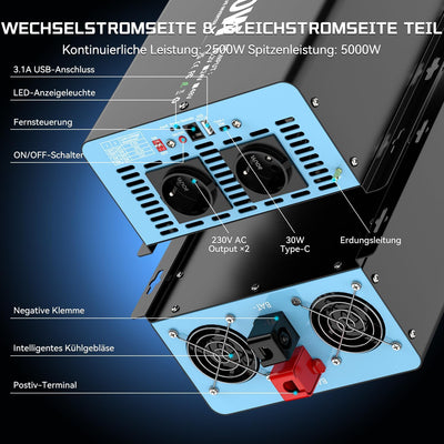 OLTEANP 2500W Spannungswandler 12v auf 230v Reiner Sinus Wechselrichter -Power Inverter Konverter mi