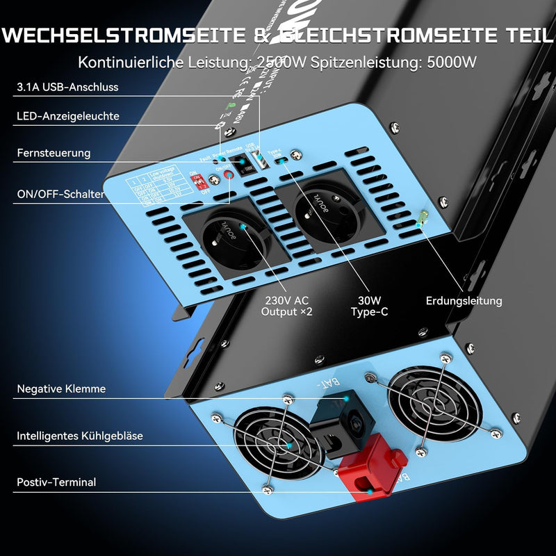 OLTEANP 2500W Spannungswandler 12v auf 230v Reiner Sinus Wechselrichter -Power Inverter Konverter mi