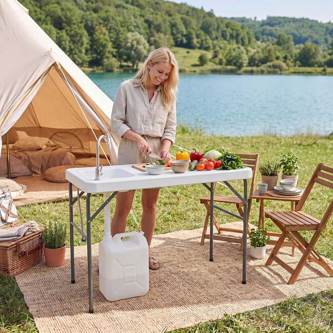HOMASIS Fischreinigungstisch klappbar, Campingtisch mit Spüle & Wasserhahn, Camping-Spültisch mit Me