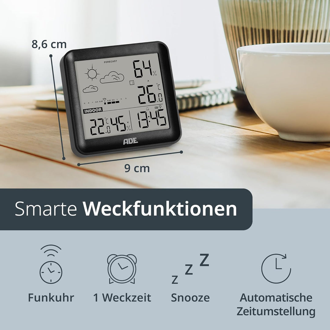 ADE Kleine digitale Wetterstation funk mit Aussensensor und Wettervorhersage | Innen- und Aussentemp