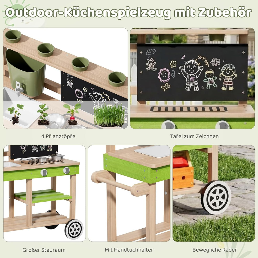 MAMIZO Matschküche Kinder Outdoor aus Holz, Tannenholz, mit Rädern Wassertank Spüle Wasserhahn Pflan