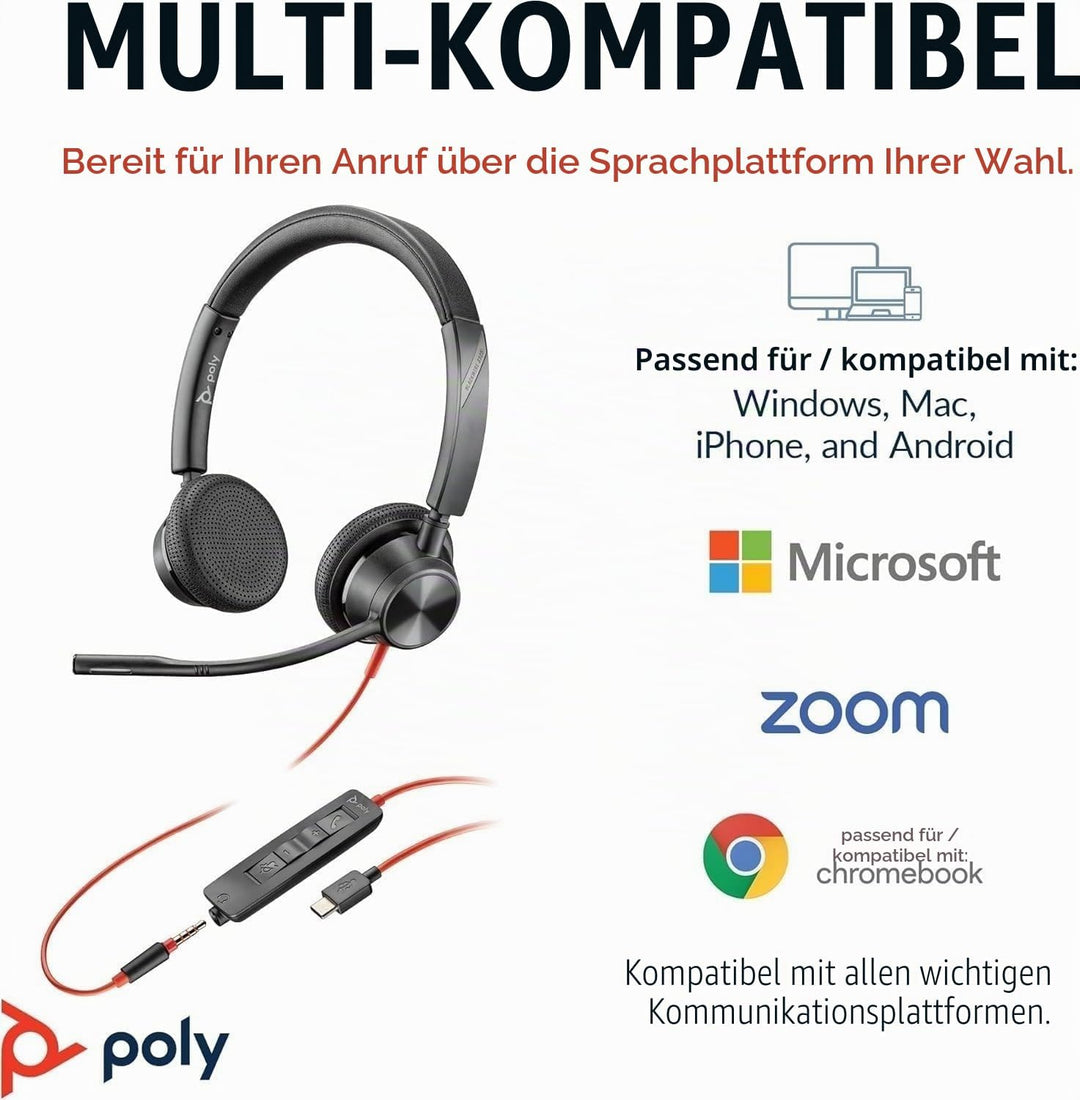 Schnurgebundenes Headset Poly Blackwire 3325 – Flexibler Mikrofonarm – Hi-Fi-Stereo – Verbindung mit