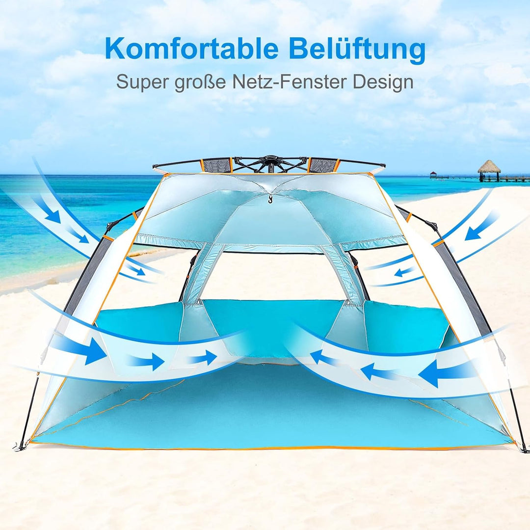Wolfwise Strandmuschel mit Schnellaufbau für 3-4 Personen – UV-Schutz 50+, Wasserabweisend, Privater