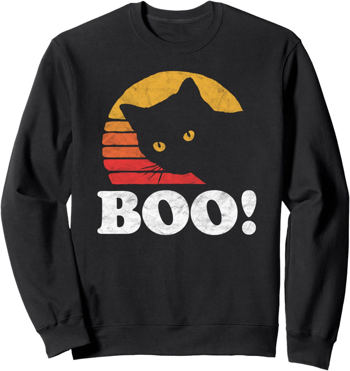 Boo! Vintage Eighties Style Cat Retro Distressed Halloween Sweatshirt