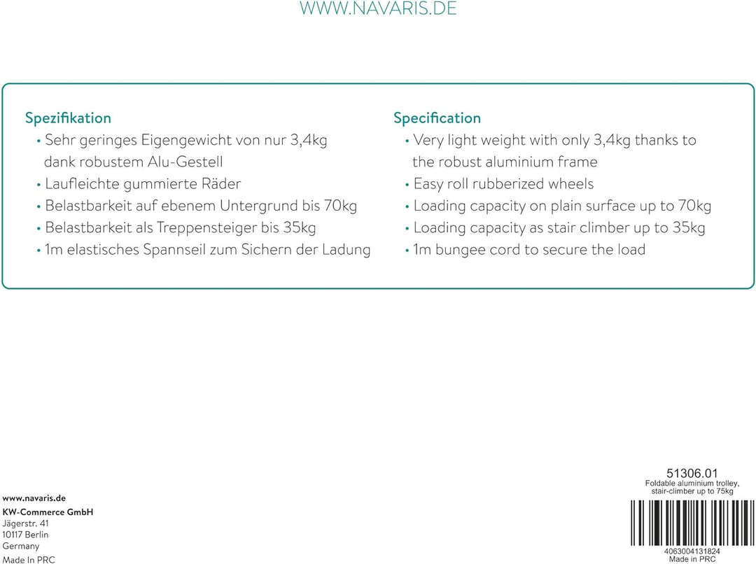 Navaris faltbare Alu Sackkarre mit Treppensteiger - belastbar bis 70kg - Gummiräder - Aluminium Hand