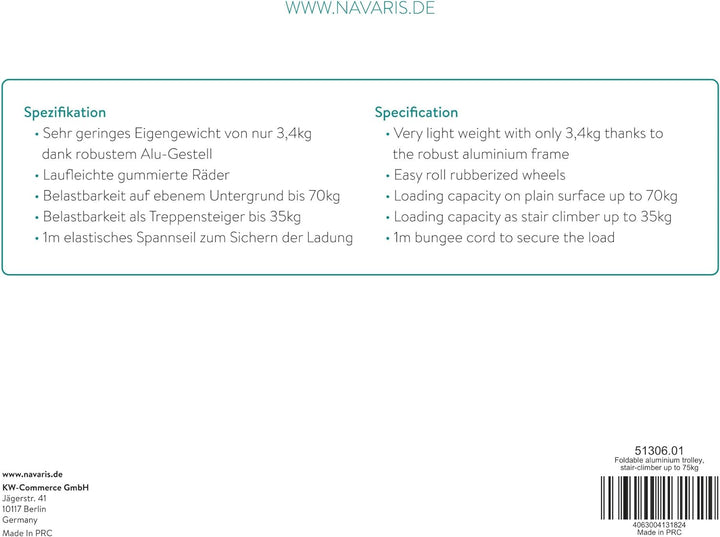Navaris faltbare Alu Sackkarre mit Treppensteiger - belastbar bis 70kg - Gummiräder - Aluminium Hand