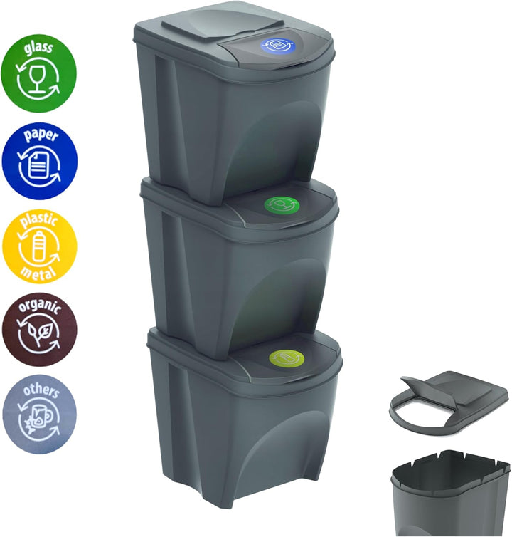 Prosperplast Sortibox 3x20L Mülleimer Mülltrennsystem Abfalleimer Behälter (Grau) grau 3x25 Litros,