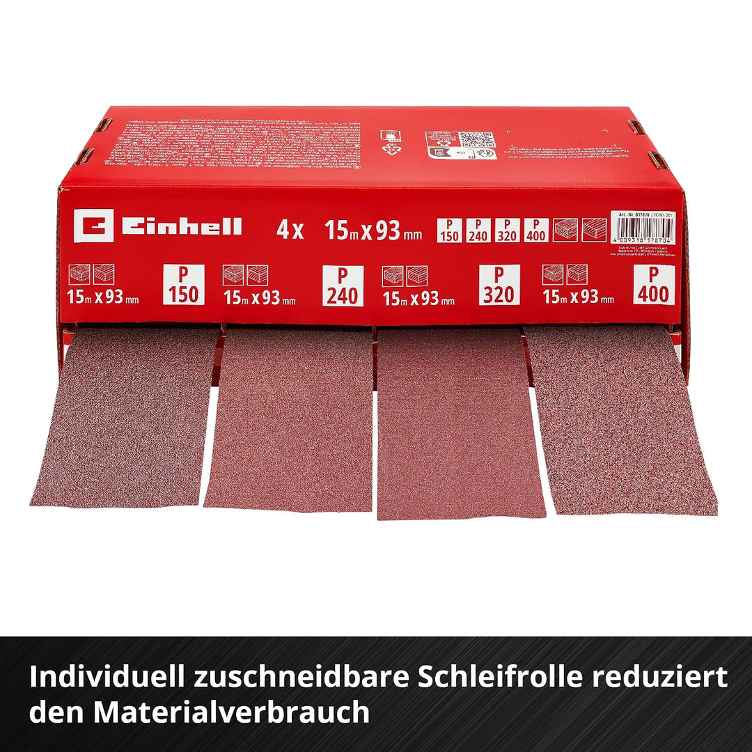 Einhell Schleifpapierrollen-Spender, 93 mm x 15 m | 4 Rollen | Körnung 150 / 240 / 320 / 400 | Alumi