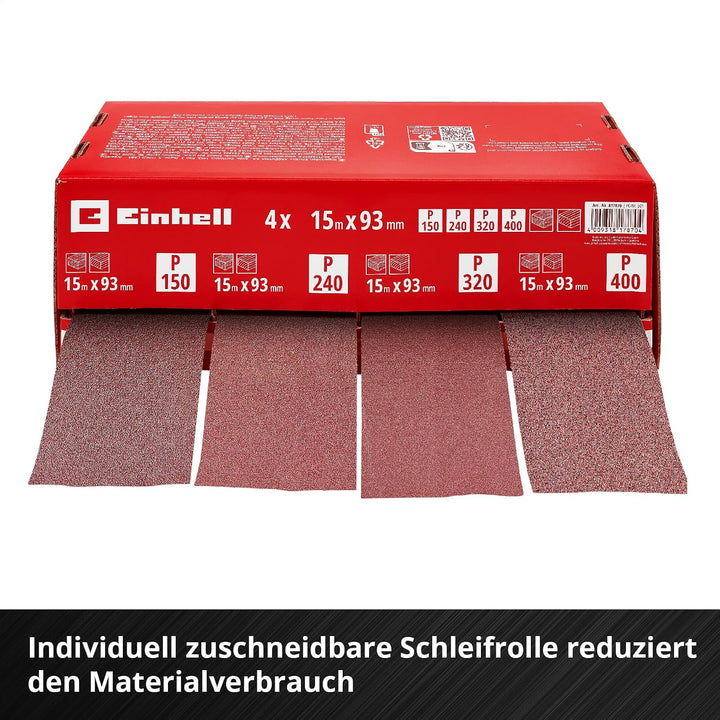 Einhell Schleifpapierrollen-Spender, 93 mm x 15 m | 4 Rollen | Körnung 150 / 240 / 320 / 400 | Alumi