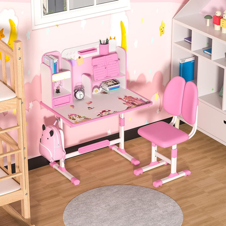 Kids Desk and Chair Set, Hhe Verstellbarer Kinder Schreibtisch mit Ablagefchern und Bcherregal, Ergo