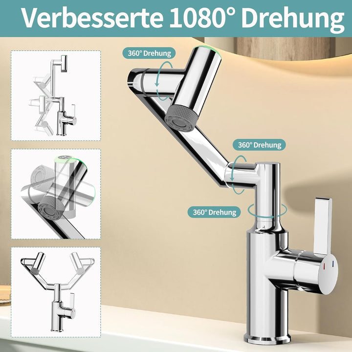 Einloch Waschtischarmatur mit Temperaturanzeige, Einhand Armatur Badezimmer, 1080° schwenkbare Badar
