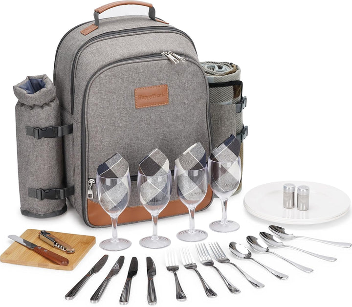 HappyPicnic Isolierter Picknickrucksack für 4 Personen mit komplettem Geschirr, geräumigem Kühlfach,