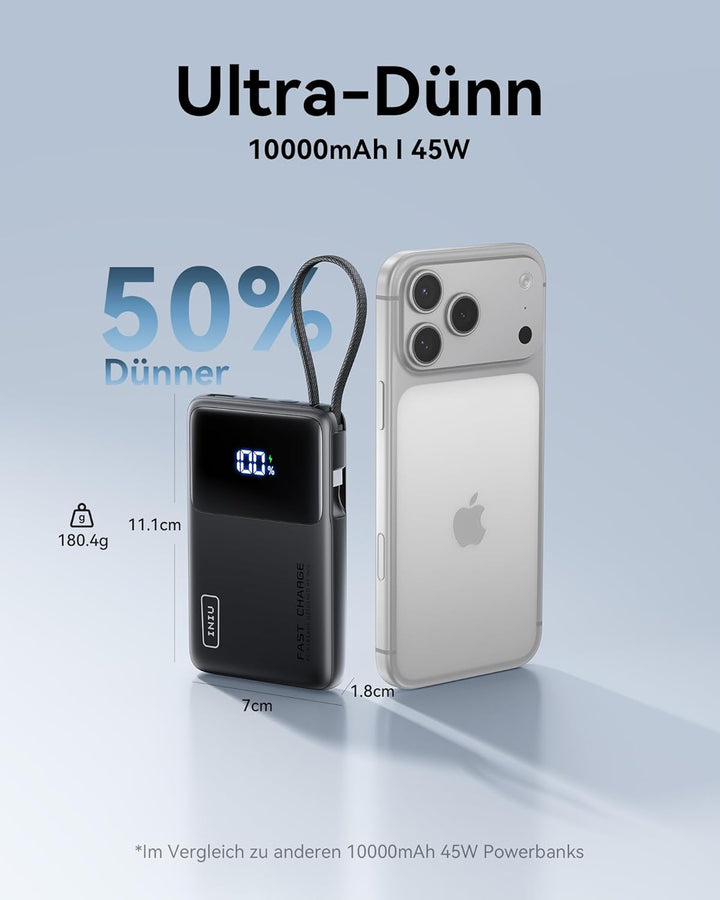 INIU 45W Power Bank, Ultra-dünn 10000mAh Externe Handyakkus mit Integriertem USB-C Kabel, Schnelllad