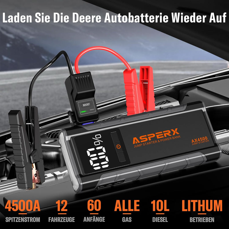 AsperX Starthilfe Powerbank 4500A 12V(Bis Zu Alle Benzin Oder 10,0 L Diesel) Auto Starthilfe Mit LED