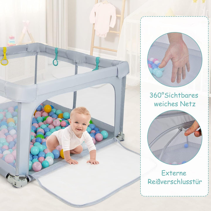 DREAMADE Laufstall Baby, 126 x 126 cm Laufgitter Klappbar mit 50 Spielbällen & 4 Zugringen, Schutzgi