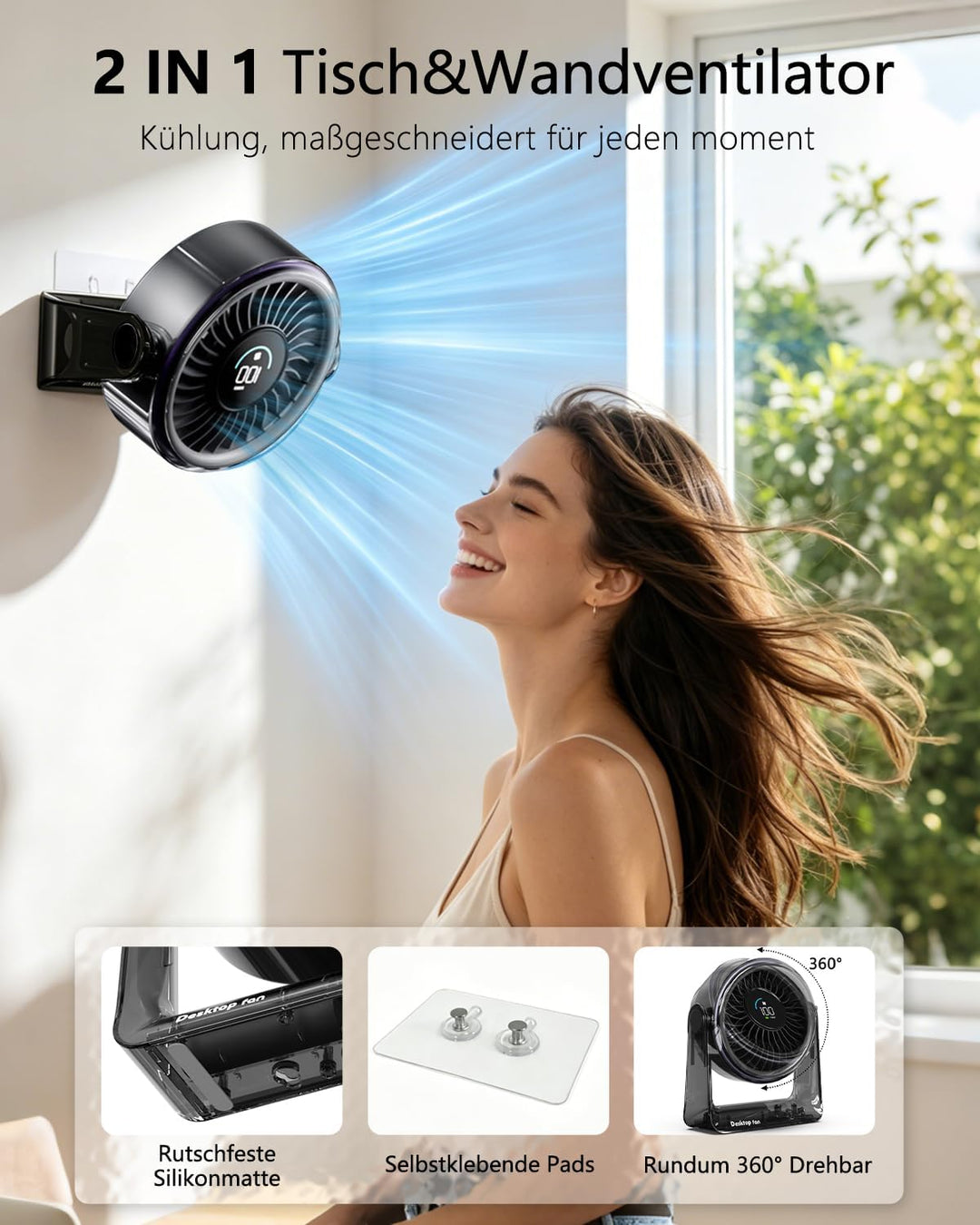 Tischventilator, USB Ventilator Akku, 6 Geschwindigkeiten Leise Ventilator mit LED Display, 360 ° Dr