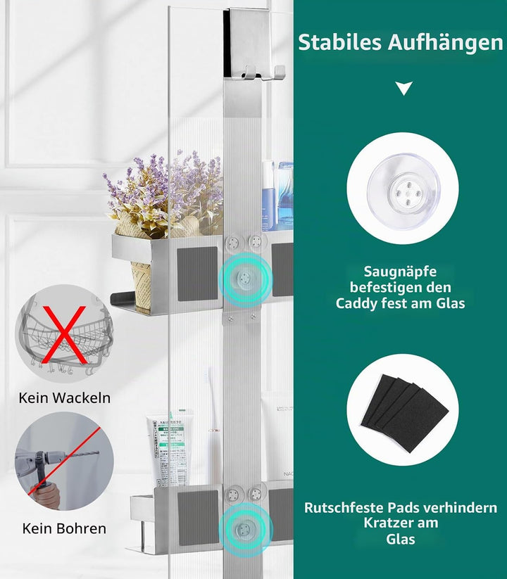 Emibele Duschablage ohne Bohren, Edelstahl Badezimmer Organizer mit 2 Körben &amp; 8 Haken, Duschregal o