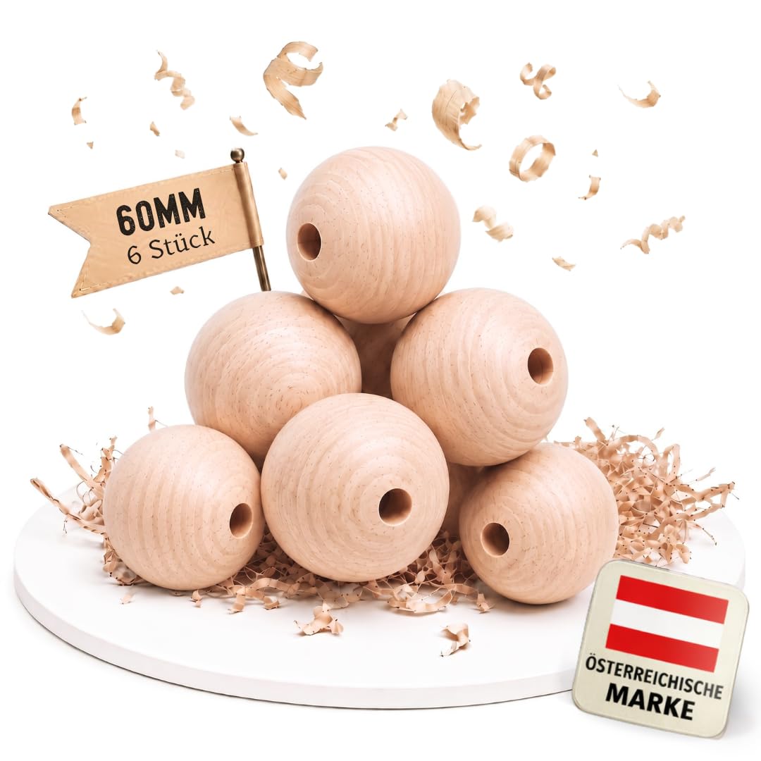 EV® Holzkugeln mit Loch - 6 Stück 60mm Durchmesser - Made in Austria - Grosse Holzperlen mit 10mm Bo