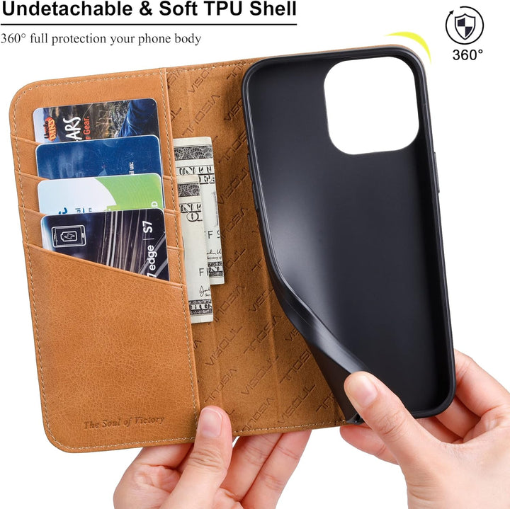 VISOUL Hülle für iPhone 14 Pro Max Handyhülle [Echtleder] [Kartenfach] [Magnet] [Standfunktion] Schu