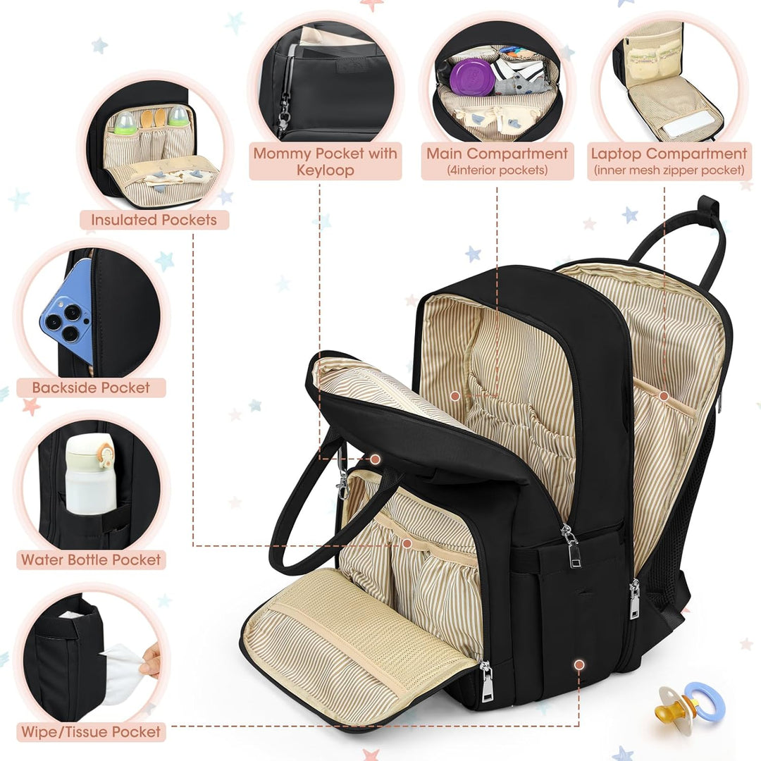 RAINSMORE Baby Wickelrucksack Gross Wickeltasche Rucksack mit Kinderwagengurten und Wickelunterlage