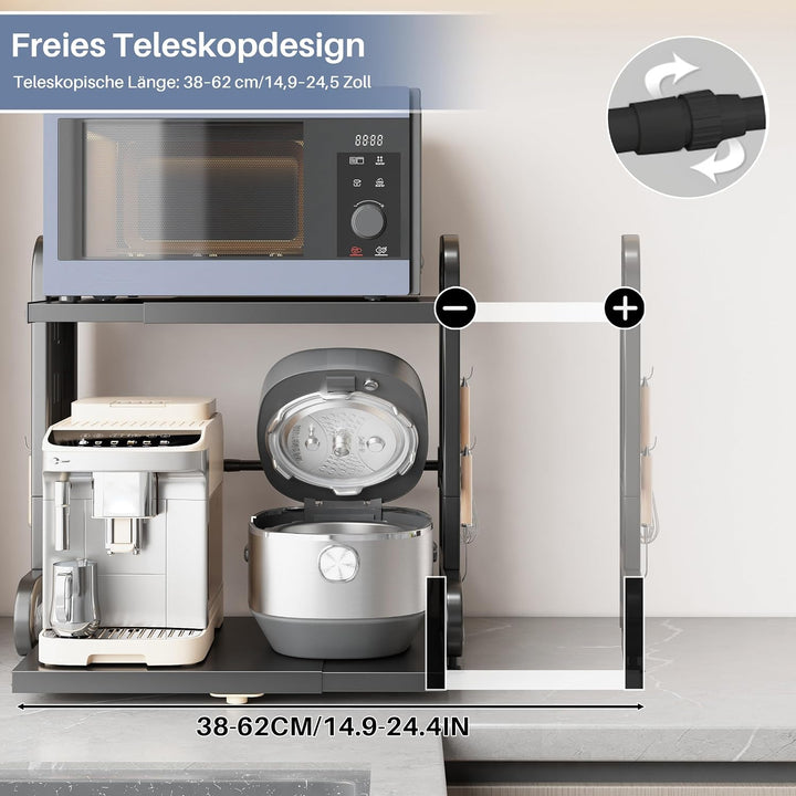 Ornestia Ausziehbares Mikrowellenregal mit Schublade, 2-stöckiges Mikrowellenregal mit 6 Metallhaken
