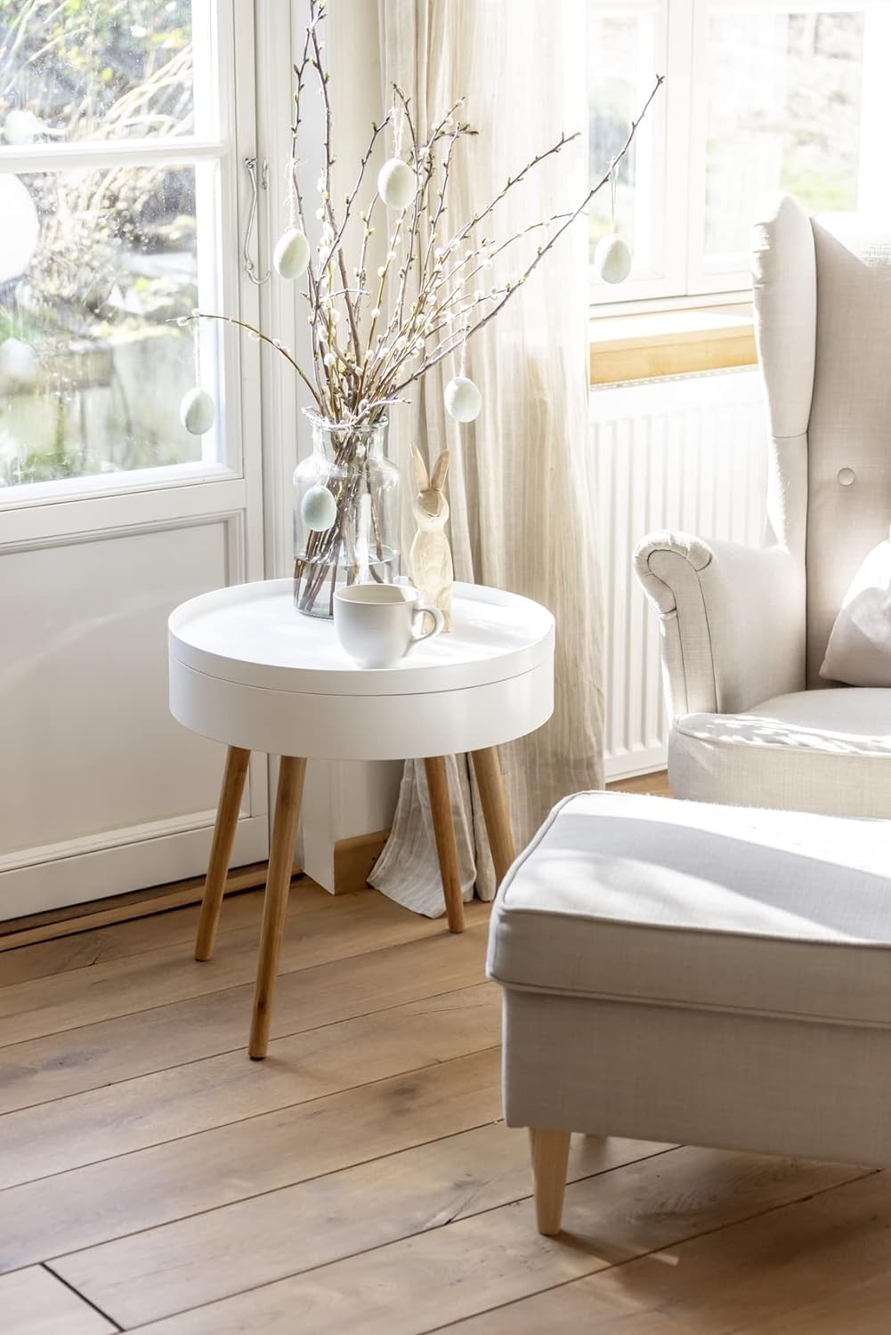 WENKO Beistelltisch Finja, moderner runder Couchtisch mit Tablett & Staufach, Scandi Chic Nachttisch