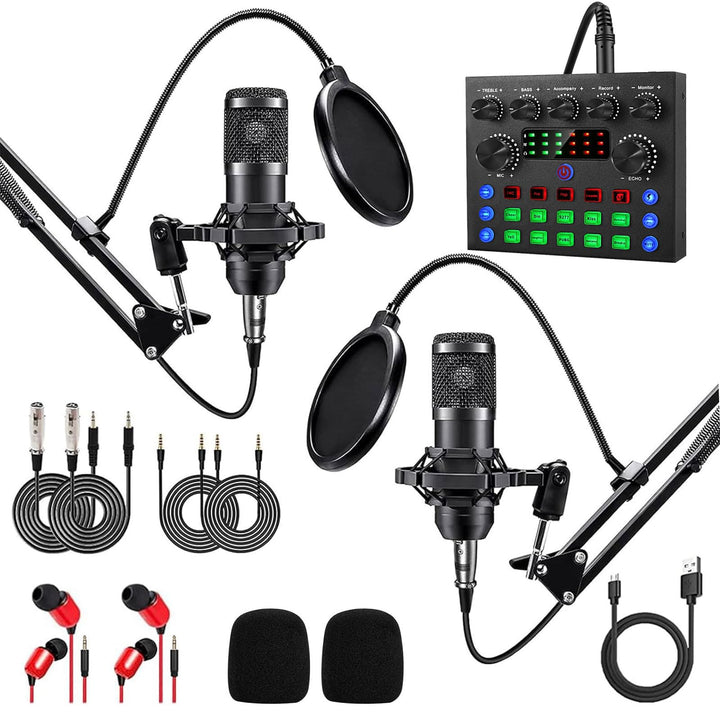BM800 Podcast Komplettset für 2, Studio-Mikrofon mit Nierencharakteristik, Audio-Interface & DJ-Mixe